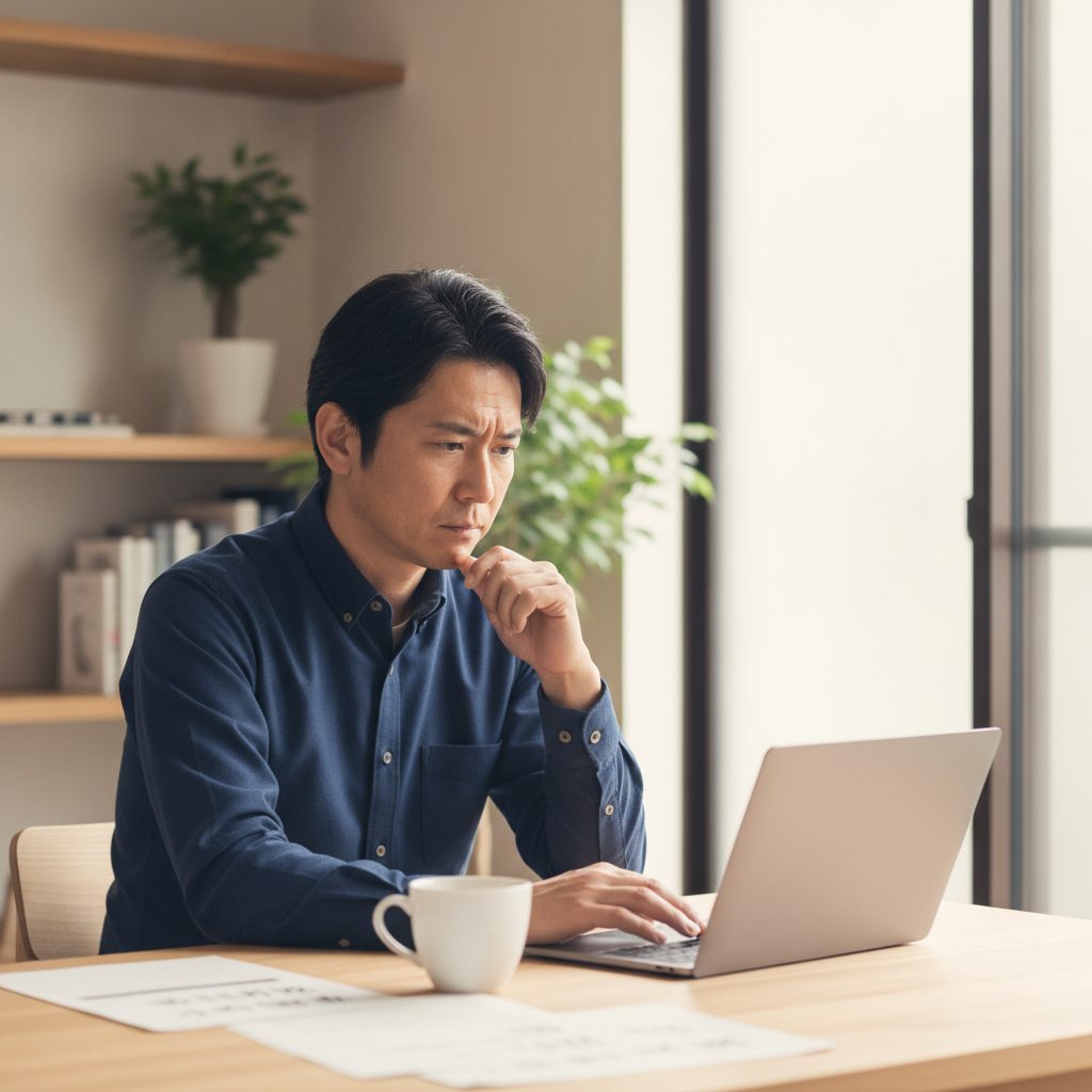 ノートパソコンの前で、AIへの指示をどう書くか考え込む事業主