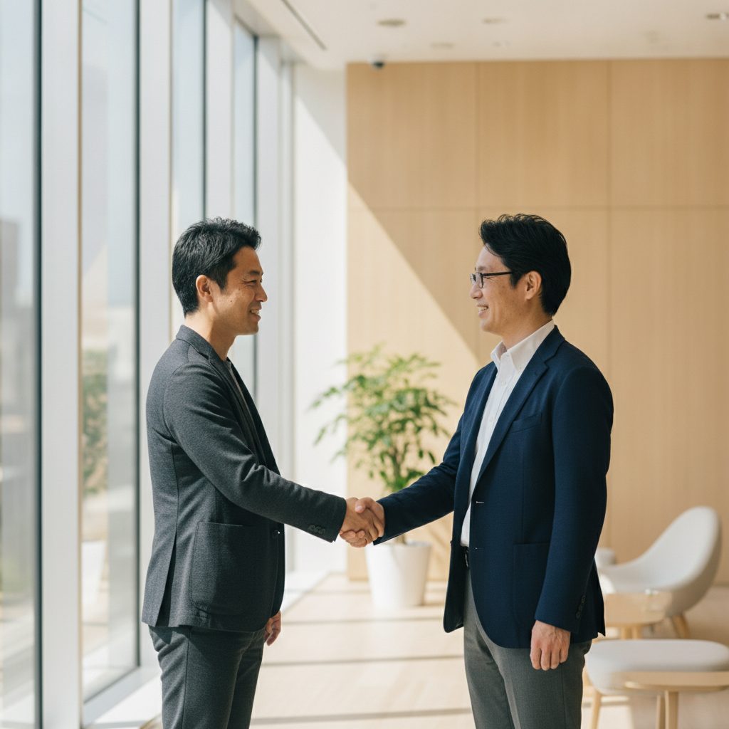 相談のあと、条件に納得して握手を交わすところ
