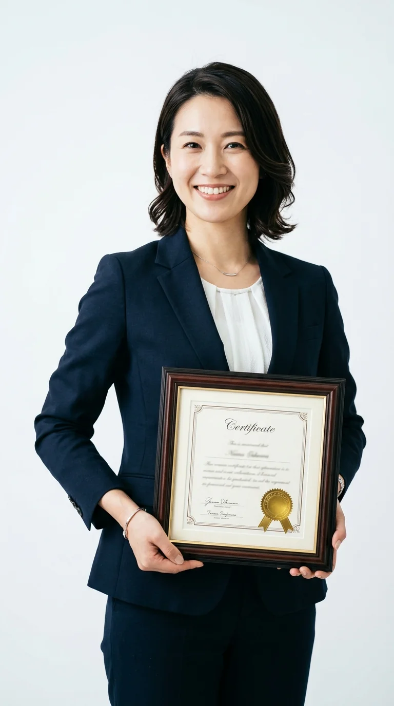 認定証を持つ女性