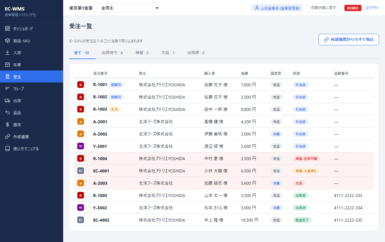 受注一覧画面：楽天・Amazon・Yahoo!など複数モールの注文を一元管理